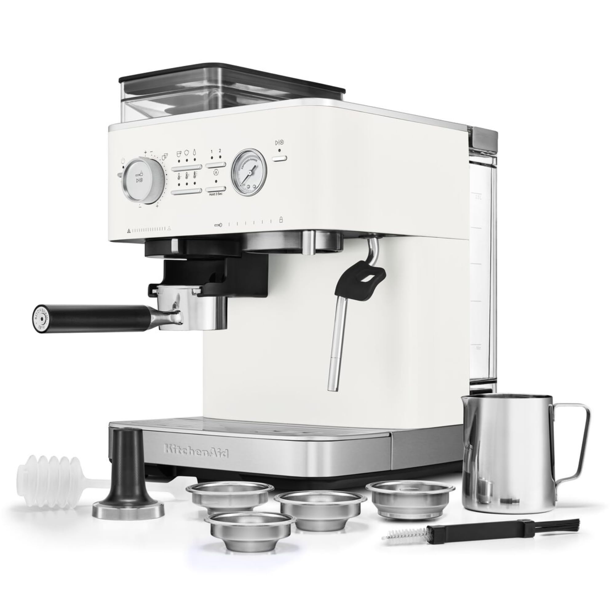 KitchenAid Kaffeemaschine mit Mahlwerk Halbautomatische Espressomaschine Milchschäumer Milchkännchen Bohnenbehälter Weiss