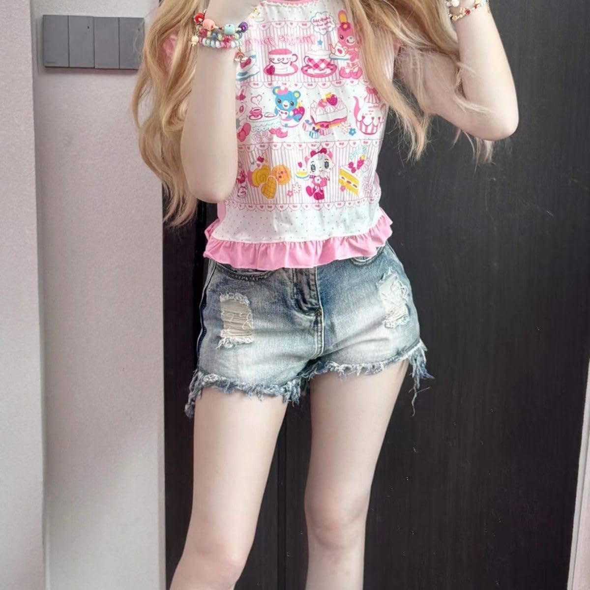 Sweet Crop Top Cartoon Print Harajuku Contrast Color T-Shirt Women Y2k Aesthetic Slim Ruffled Tee