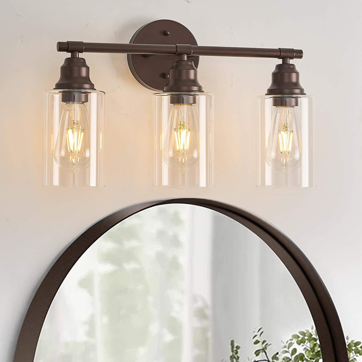 Refice Bathroom Vanity Lights Over Mirrors, 3-Light Vintage Wall Sconces with Clear Glass Shades for Mirror, Living Room, Farmhouse,Hallway (Bulbs Not Included) 3-Light Brown-002