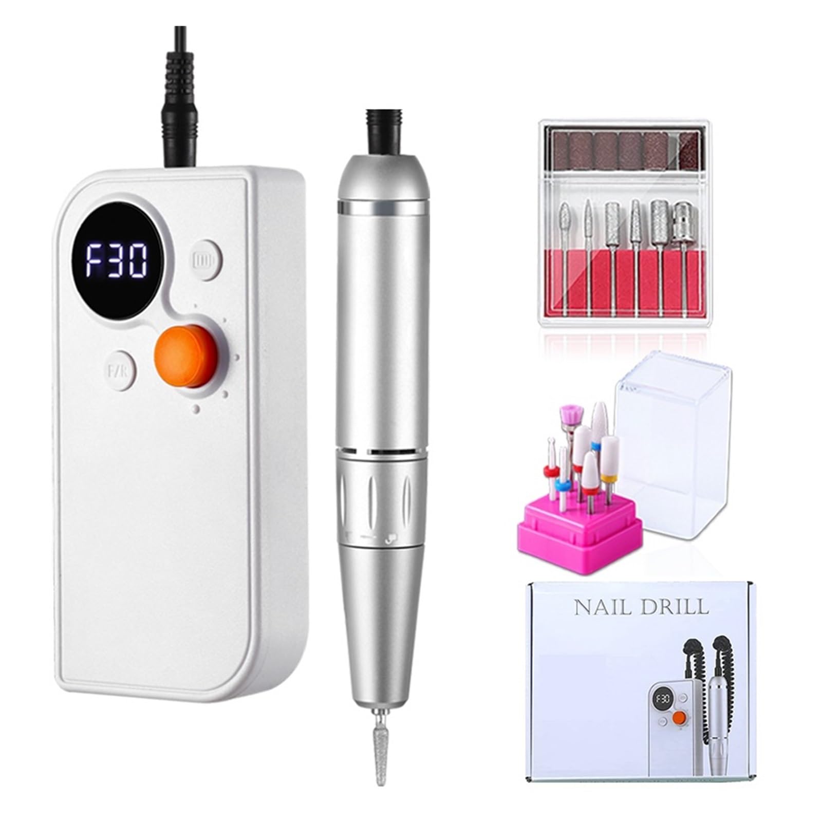 Torno para Uñas, Máquina de taladro de uñas recargable, máquina de manicura portátil de 30000RPM for quitar esmalte de uñas de Gel con función de pausa, herramienta de arte de uñas(White Set)