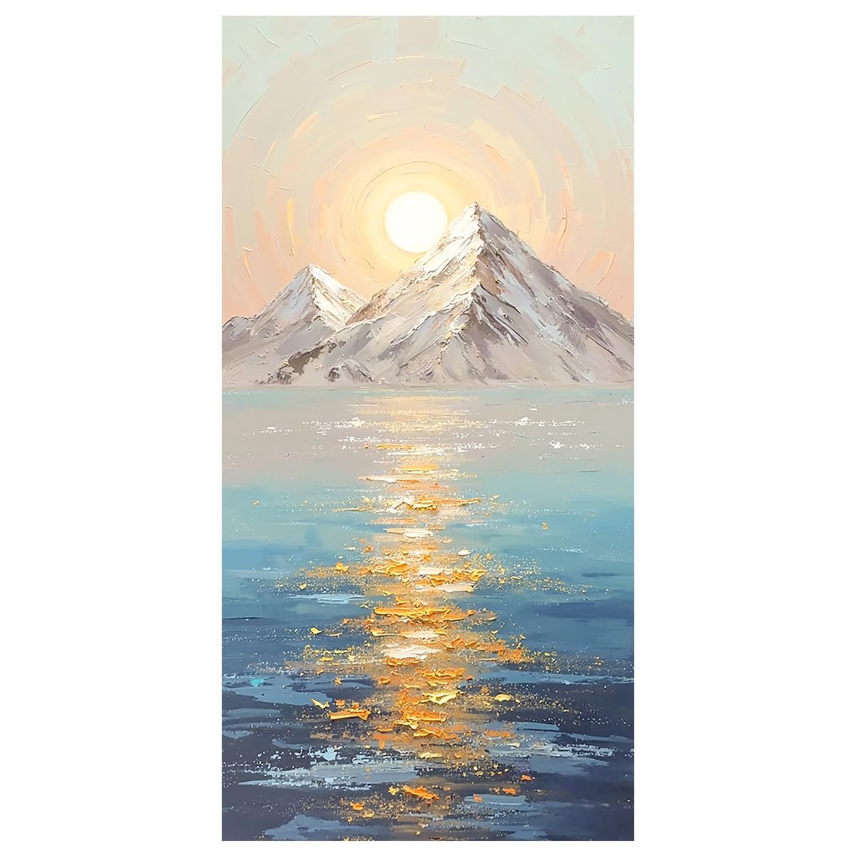 LCDIUDIU Canvas Wall Art Hand Painted Abstract Landscape Oil Painting Sunlit Snow Mountain Lake Golden Reflection Scenery Abstract Alpine Lake Sunrise Painting Wall Decor for Living Room 50X100Cm(19