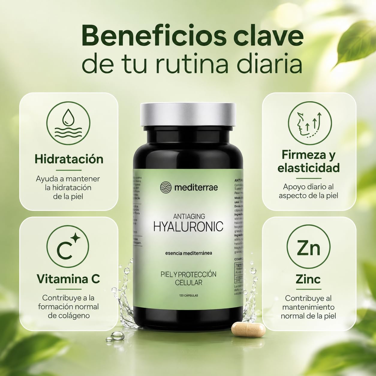 Ácido Hialurónico Cápsulas 120 Días | Piel Firme, Hidratación, Elasticidad y Luminosidad | Con Vitamina C + Zinc | Cápsulas Veganas y Protección Celular