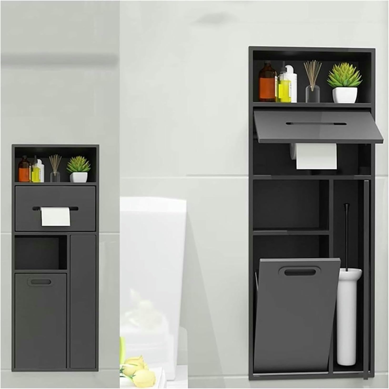 Questo Mobile da Bagno in Acciaio Inossidabile con portarotolo e Cestino integrati Offre Una Soluzione Versatile per riporre Gli Oggetti Essenziali in Bagno, Cucina e Soggiorno.