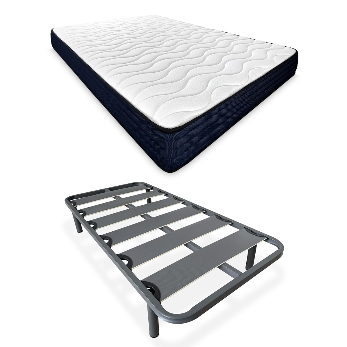 mattfy - Cama Completa con Colchón Kloe Reversible + Somier de Láminas Reforzado con 4 Patas Cilíndricas Metálicas Roscadas, 90 x 190