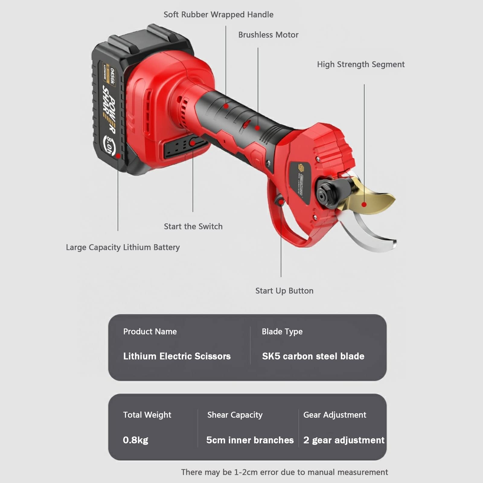 Tijeras Electricas para Podar Sin Cable, Tijera de Podar Eléctrico de 50mm Podadora de Flores Podar con Pértiga de Extensión, 2 Baterías y Cargador, Alimentadas Por Batería, 5-6 Horas de Trabajo