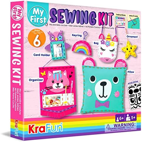 KRAFUN Beginner My First Sewing Kit for Kids Arts & Crafts, 6 Easy Projects of Stuffed Animal Dolls and Plush Pillow Craft, Instructions & Felt, Gift for Girls and Boys, Learn to Sew, Embroidery