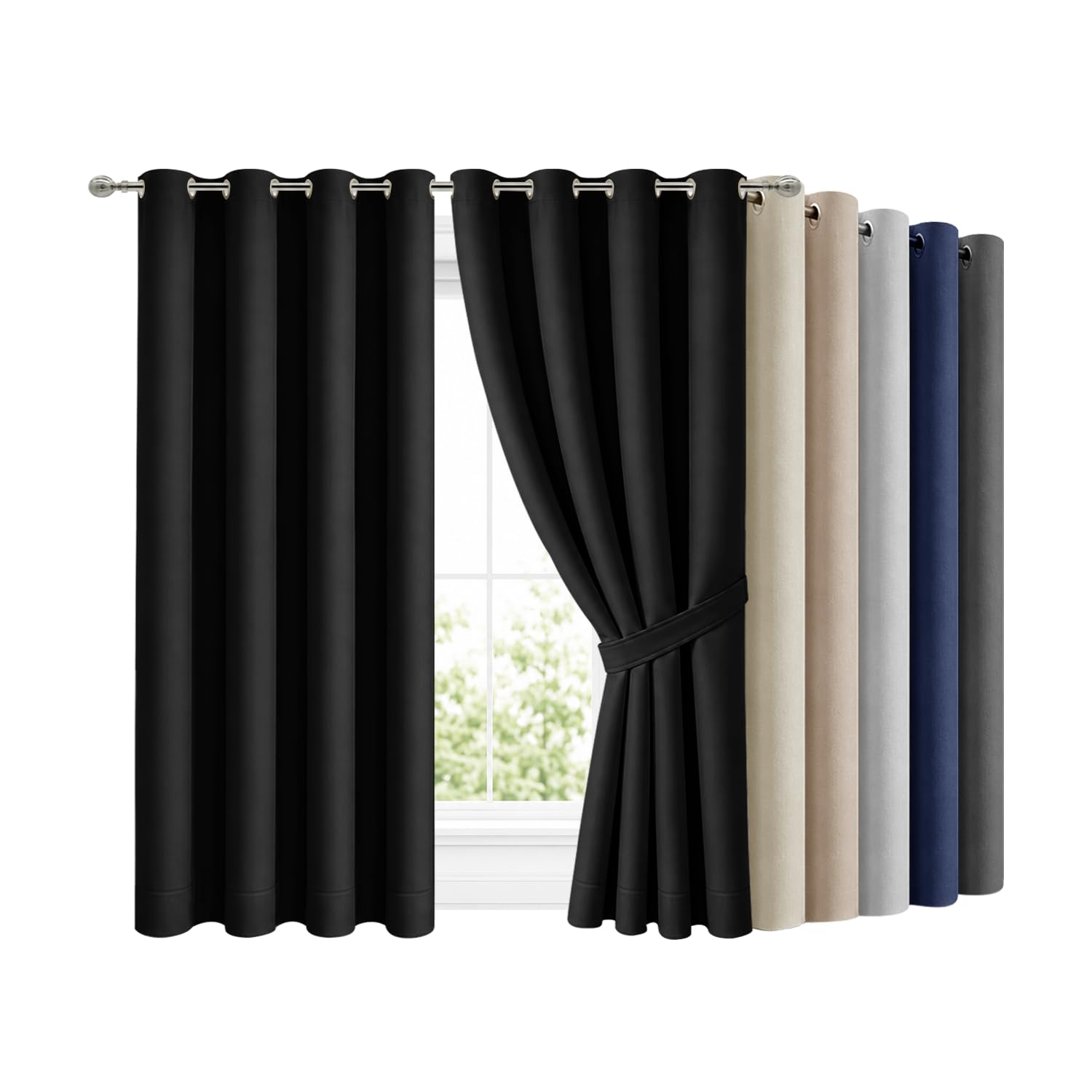 Hafaa Blackout Curtains for Bedroom Black 46x72 Inch Eyelet Curtains for Living Room Super Soft Thermal Insulated Curtain and Drapes 2 Panels with Tiebacks