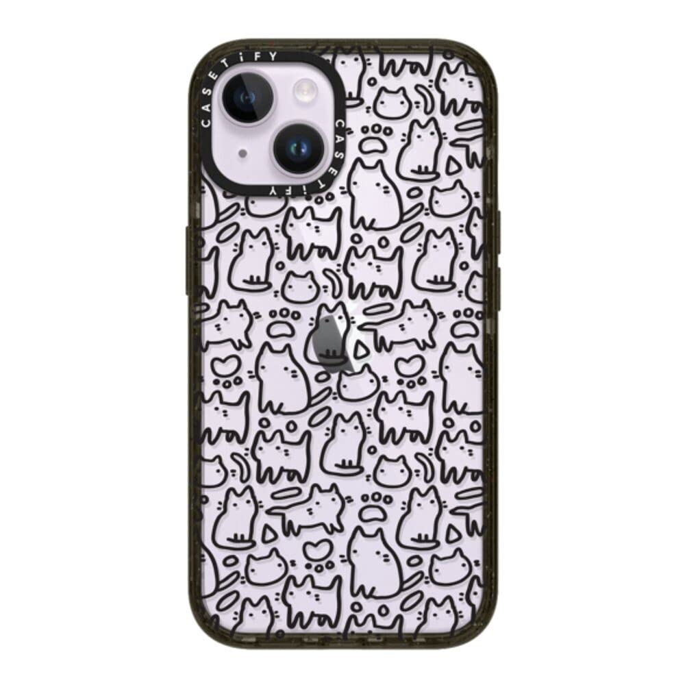 CASETiFY Impact iPhone 14 Case [4X Military Grade Drop Tested / 8.2ft Drop Protection] - Funny Doodle Kitty Cats Pattern - Glossy Black