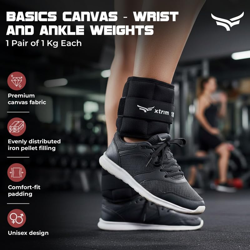Image of Xtrim Canvas Ankle Weights For Men & Women, 1 Kg x 2, D-Ring Strap, Black | Iron Pellet Filled with Balanced Weight Distribution For Workout & Training