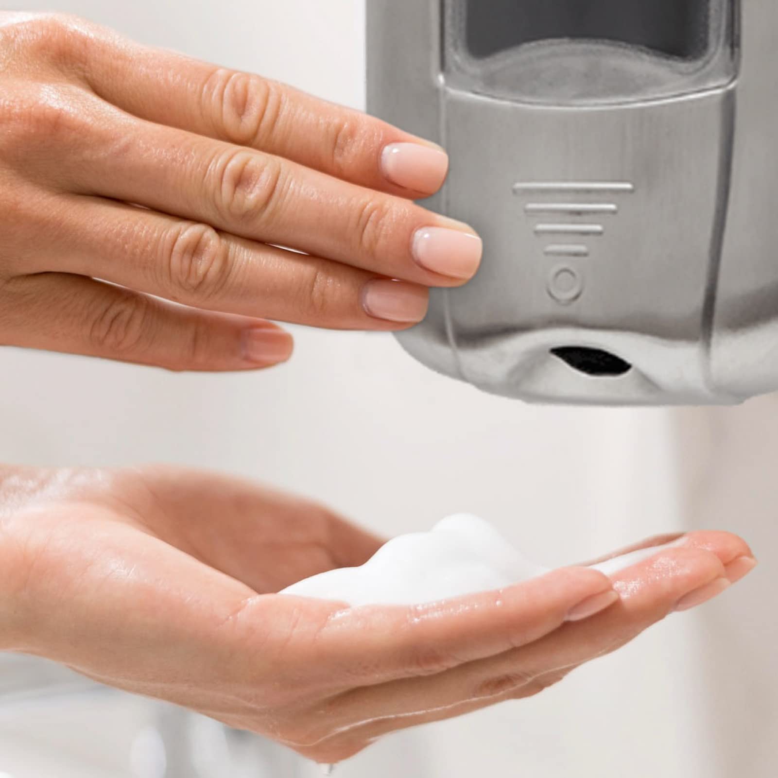 Jofel - Distributore di sapone a parete, ricaricabile con cartucce di schiuma e gel, capacità 1L, valvola anticorrosione e antigoccia, corpo in acciaio inox, Aitana AC74000