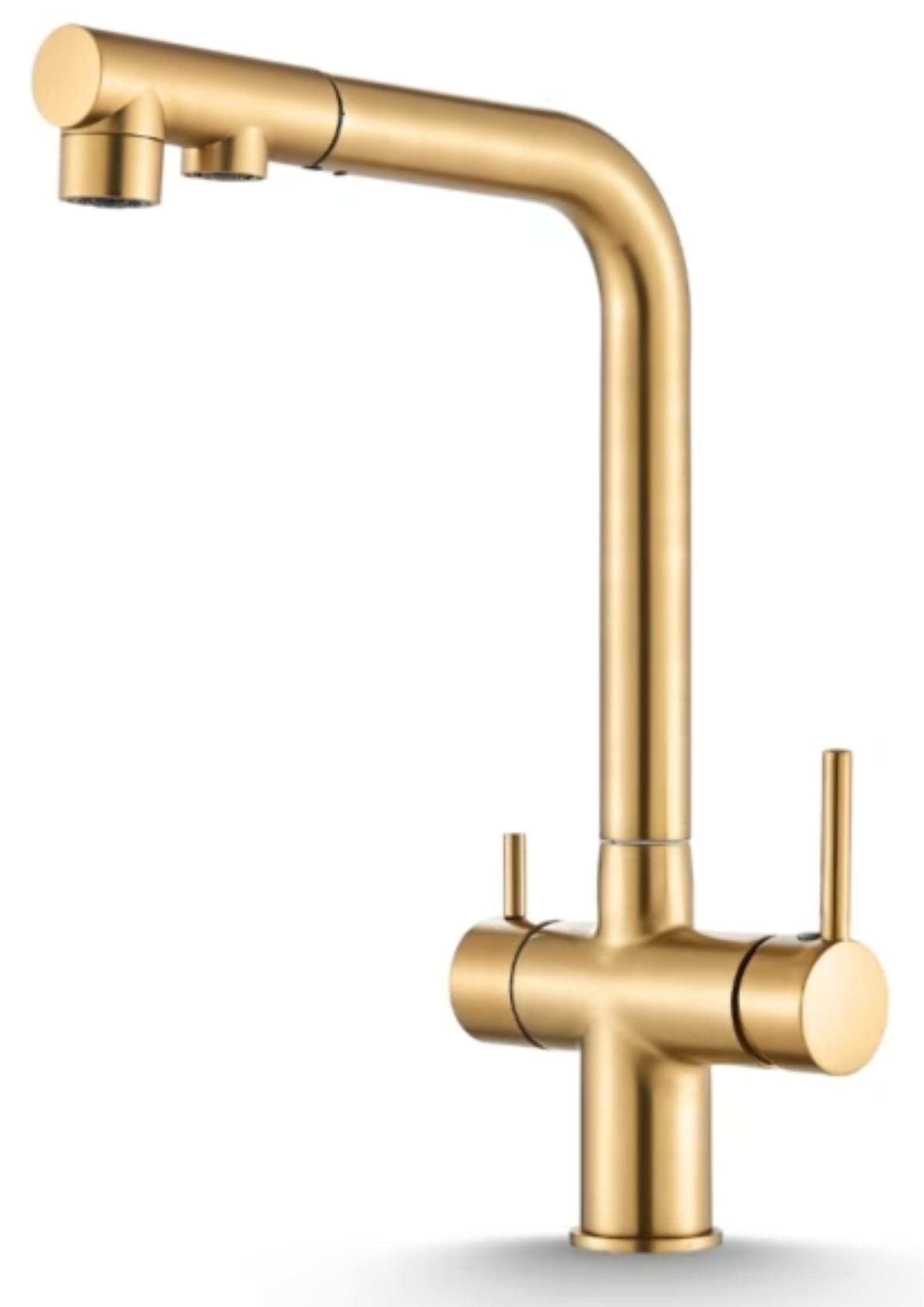 3-drożna bateria kuchenna Venom Pull-Out z systemem filtra wody Flow Comfort, wyciągana słuchawka, obracana o 360°, montaż jednootworowy, mosiądz, do zimnej i ciepłej i filtrowanej wody (złota)