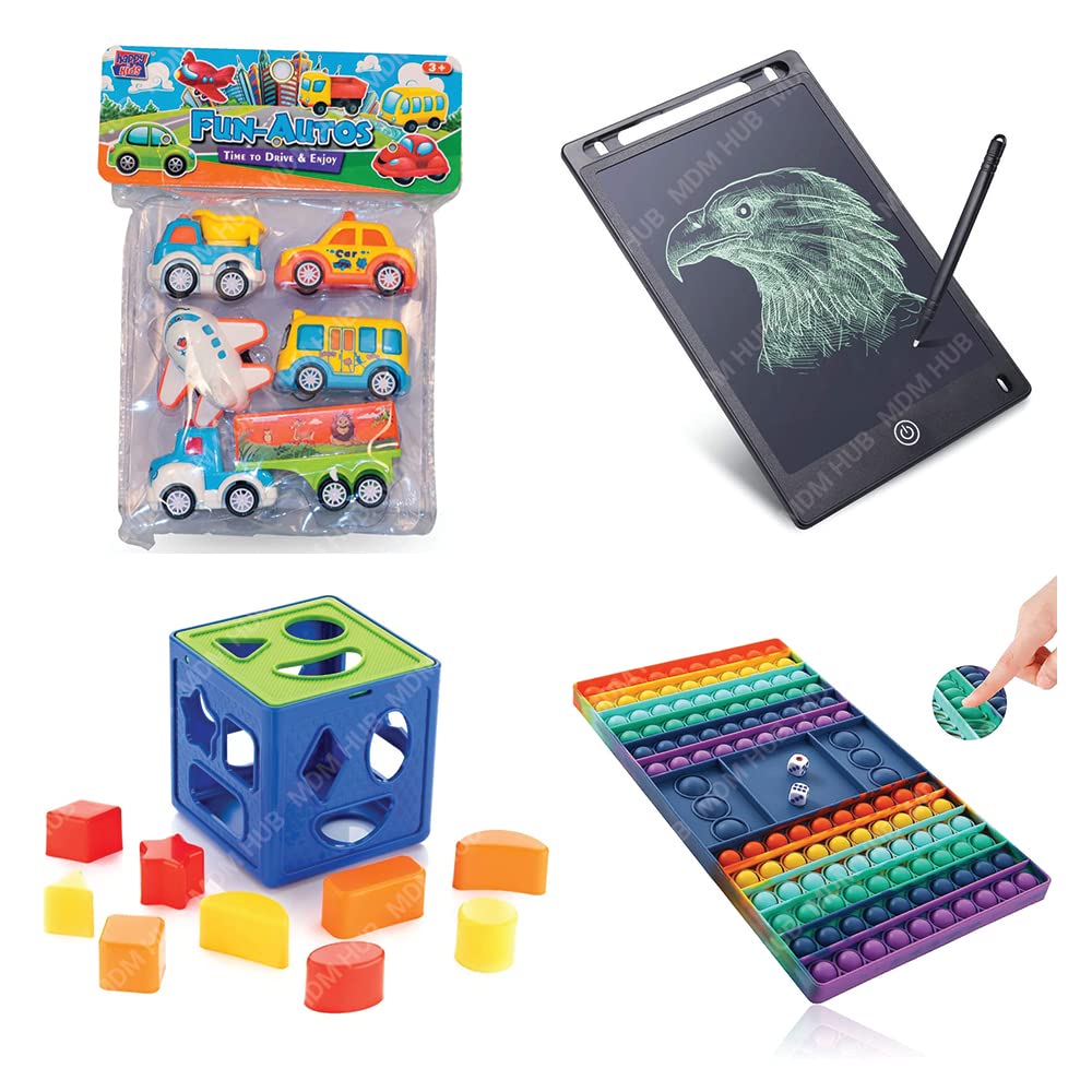 MDM HUB 4 Combo Toy 5 Unbreakable Pull Back Friction Vehicles , LCD Writing Tablet 8.5Inch E-Note Pad , Sorter Cube Sorting Different and Color , Big Size Pop It Fidget Game ( Multicolor ,Set of 1 )