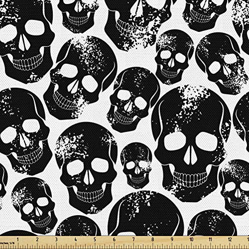 Ambesonne Gothic Fabric by The Yard, Grunge Black Human Skulls on White Backdrop Evil Men Fear Horror Death Skeleton, Decorative Fabric for Upholstery and Home Accents, 1 Yard, Charcoal Black