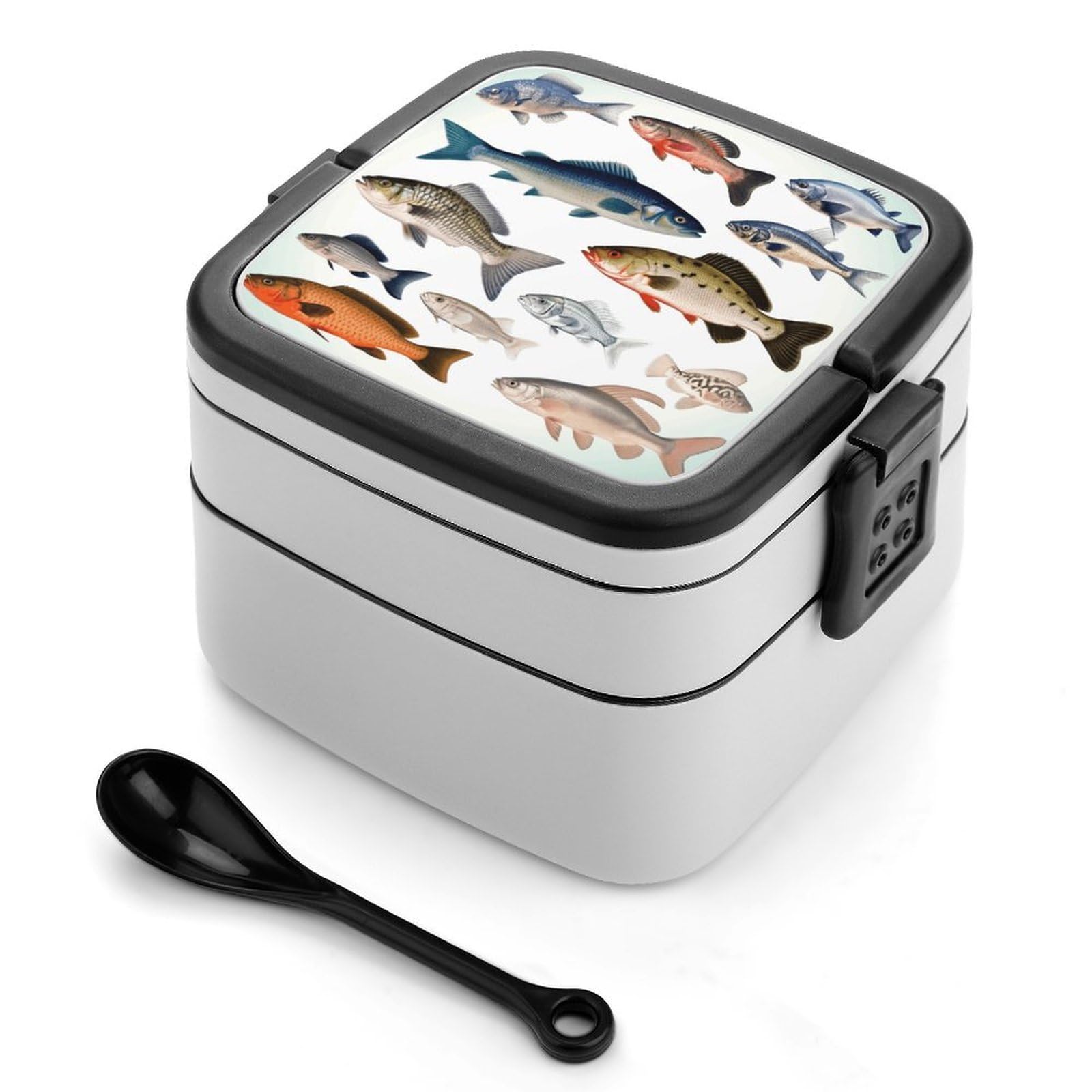 FekiLoot Different Fish Bento Box Adult Lunch Box Sealed Bento Lunch Boxes with Spoon Sturdy Double Layer Bento Boxes Snap-on Design Leak Proof Lunch Containers Ideal for Work