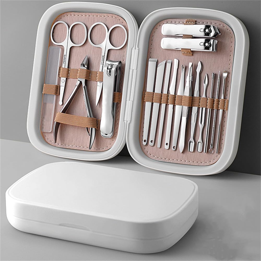 Ensemble de manucure 18 pièces avec étui en Cuir, Outils de Soin des Pieds et du Visage, Coupe-Ongles en Acier Inoxydable, Ensemble de Faux Cils