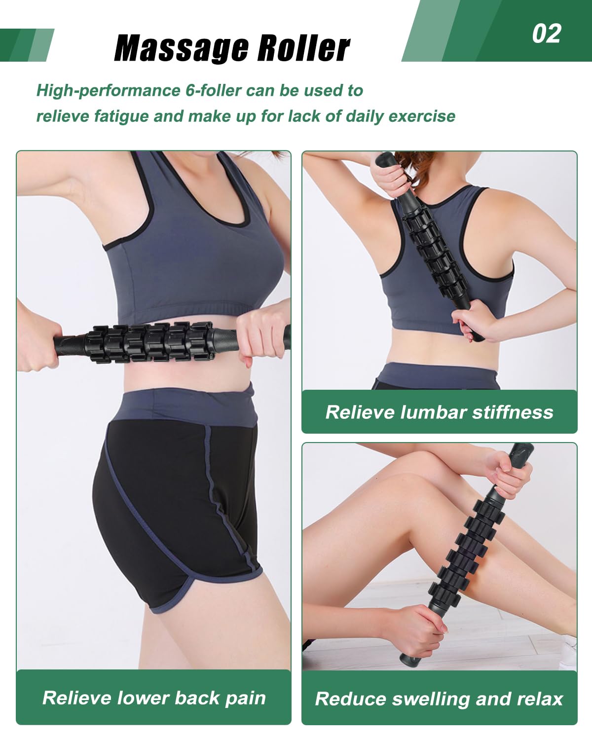 Rouleau de Massage 4 en 1 Kit, Foam Roller+Baton Massage+3Bande