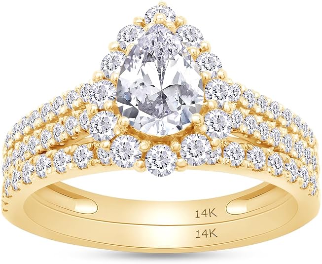 SAVEARTH DIAMONDS 1.20 CT Lab Grown Diamond Halo Bridal Ring Set, 14K Gold