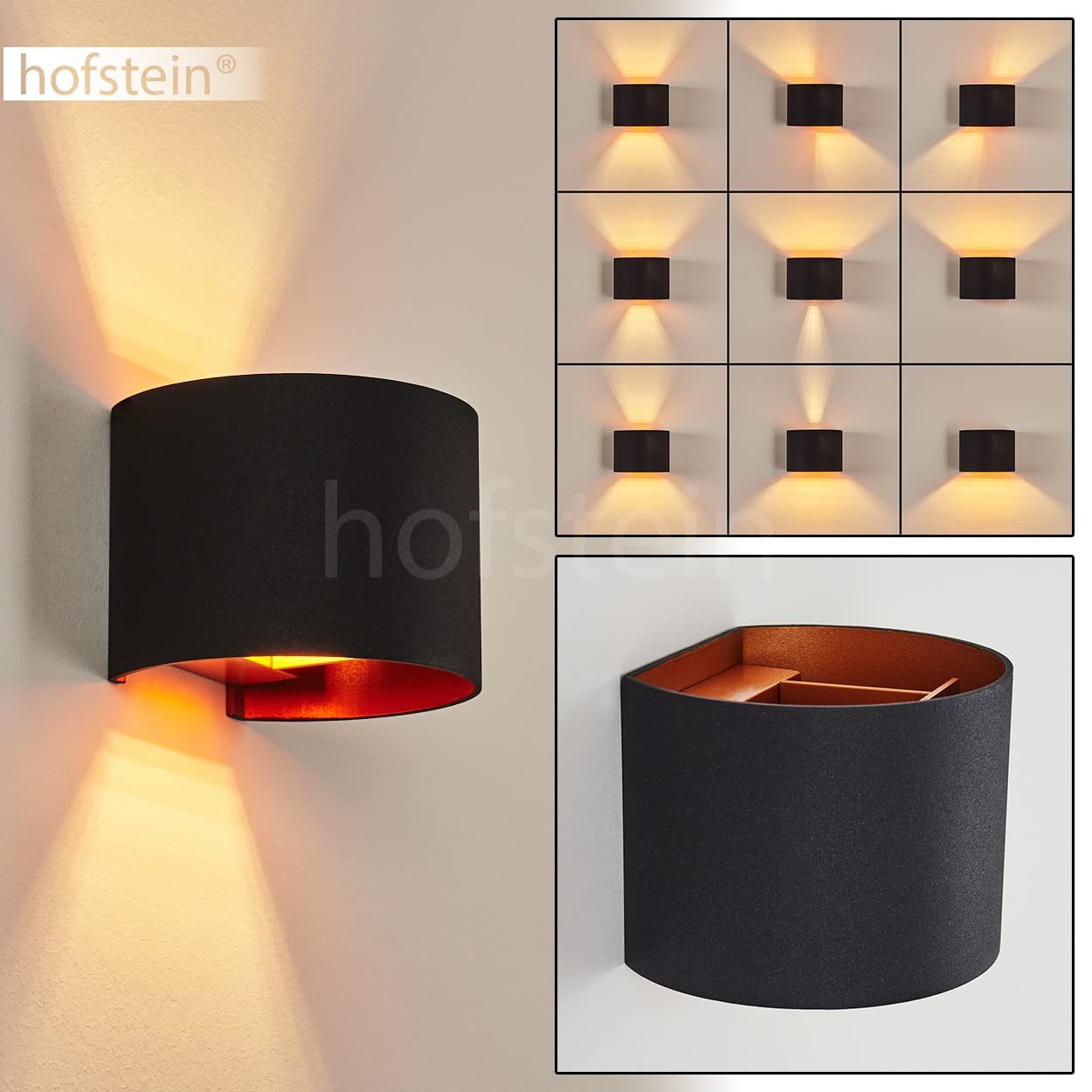 Wandleuchte Badajoz, moderne Wandlampe aus Metall in Schwarz/Kupferfarben, runde Leuchte m. verschiedenen Lichteffekten, Up&Down Leuchte, 1-flammig, 1x G9, ohne Leuchtmittel