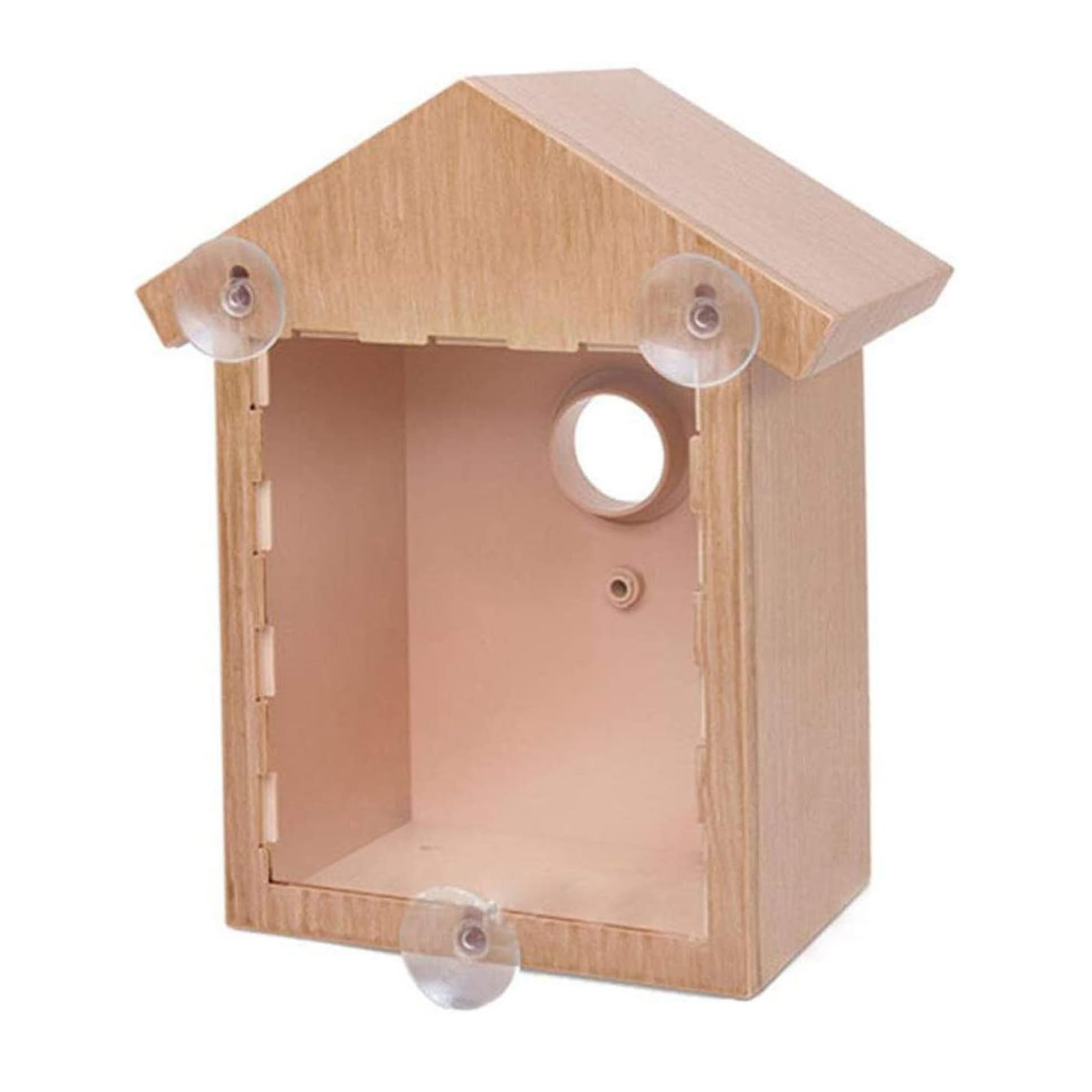 Window Bird Box, Plastic Nest with Sucker & One Way Mirror, Clear Bird House for Garden, Natural Wood Color