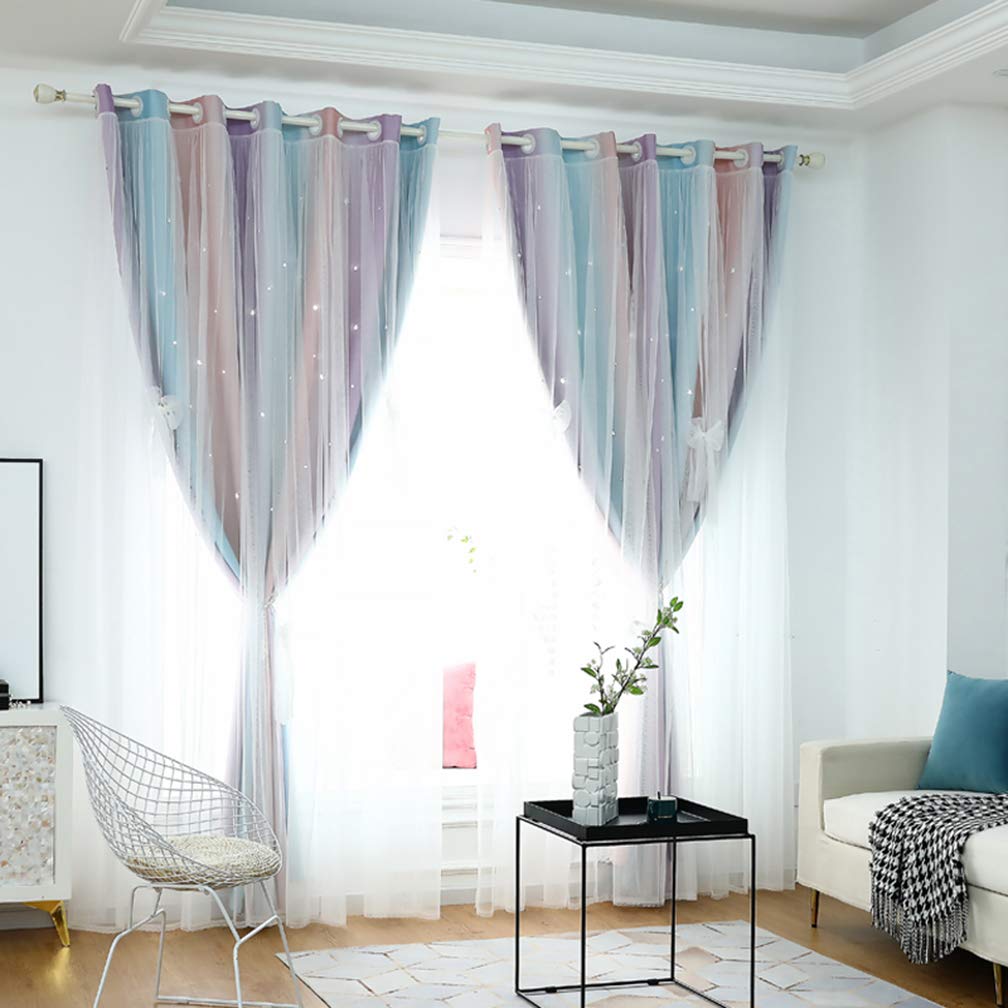 Rideaux étoiles à double couche colorée et voilage en dentelle romantique