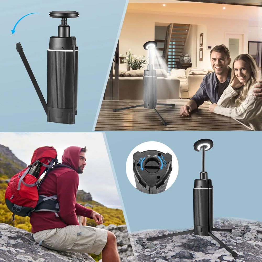 Linterna de camping LED telescópica, luz de camping portátil recargable USB, 3 modos de iluminación linterna LED fuerte al aire libre, luz de trabajo LED 10800 mah con soporte, para acampar al aire li