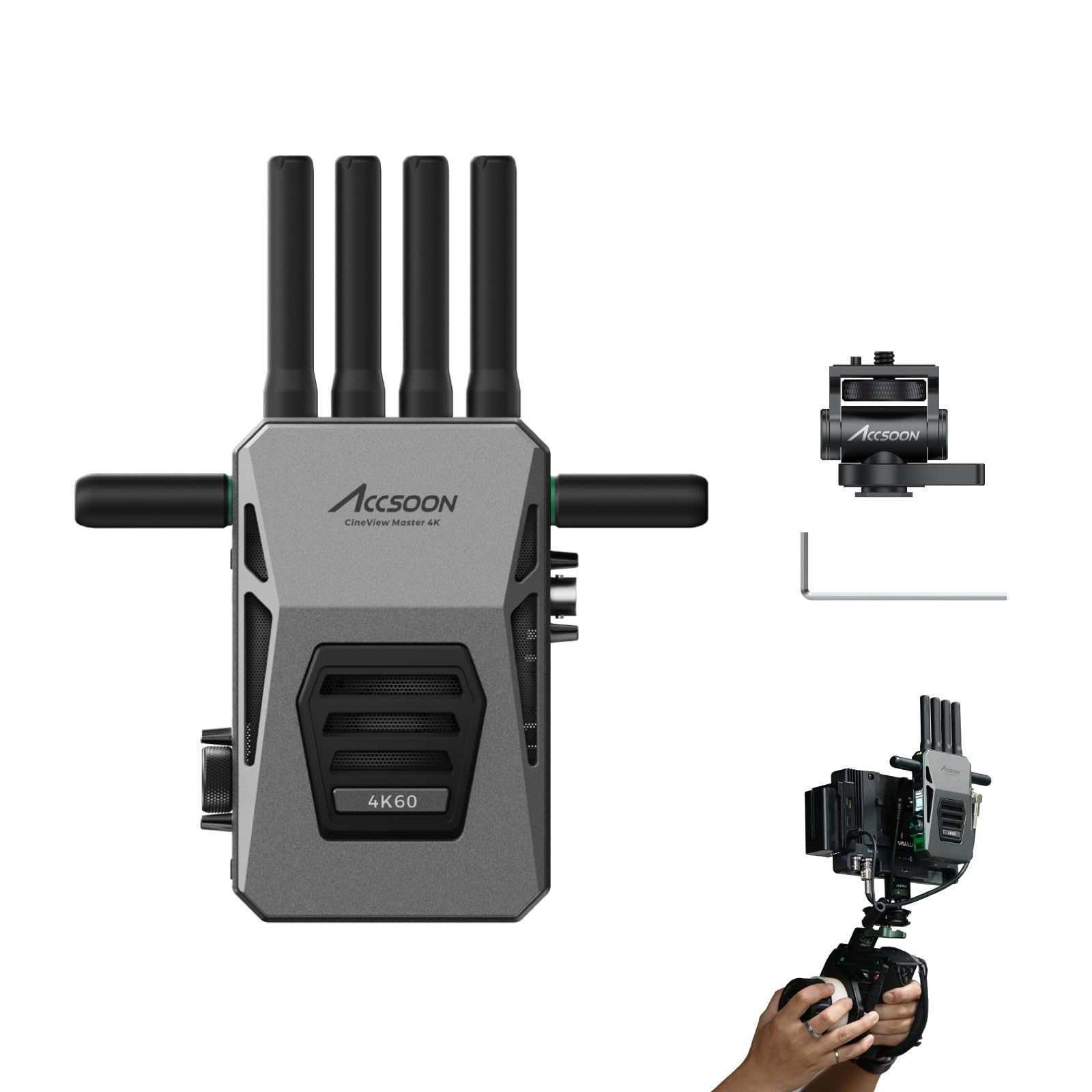 ACCSOON CineView Master 4k Wireless Video Transmission Receiver 2.4+5Ghz+6GHz Tri-Band Transmission 604k Resolution 25 ms Latency 8202ft Range 1 Wired + 4 Wireless Connections(Only Receiver)