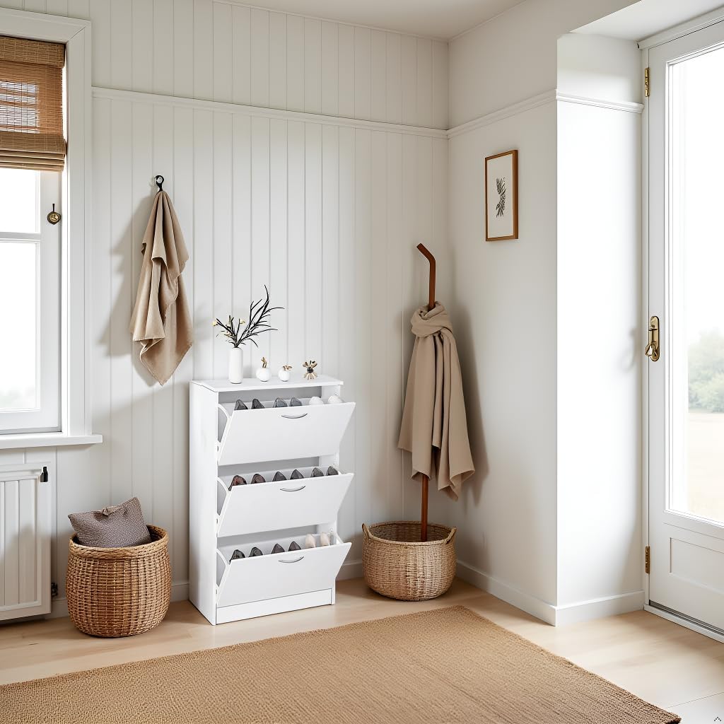 Karl home Narrow Shoe Cabinet for Entryway, Freestanding Shoe Rack with 3 Flip Drawers Doors, Adjustable Tipping Wood Hidden Storage Organizer for Hallway Apartment Foyer, White