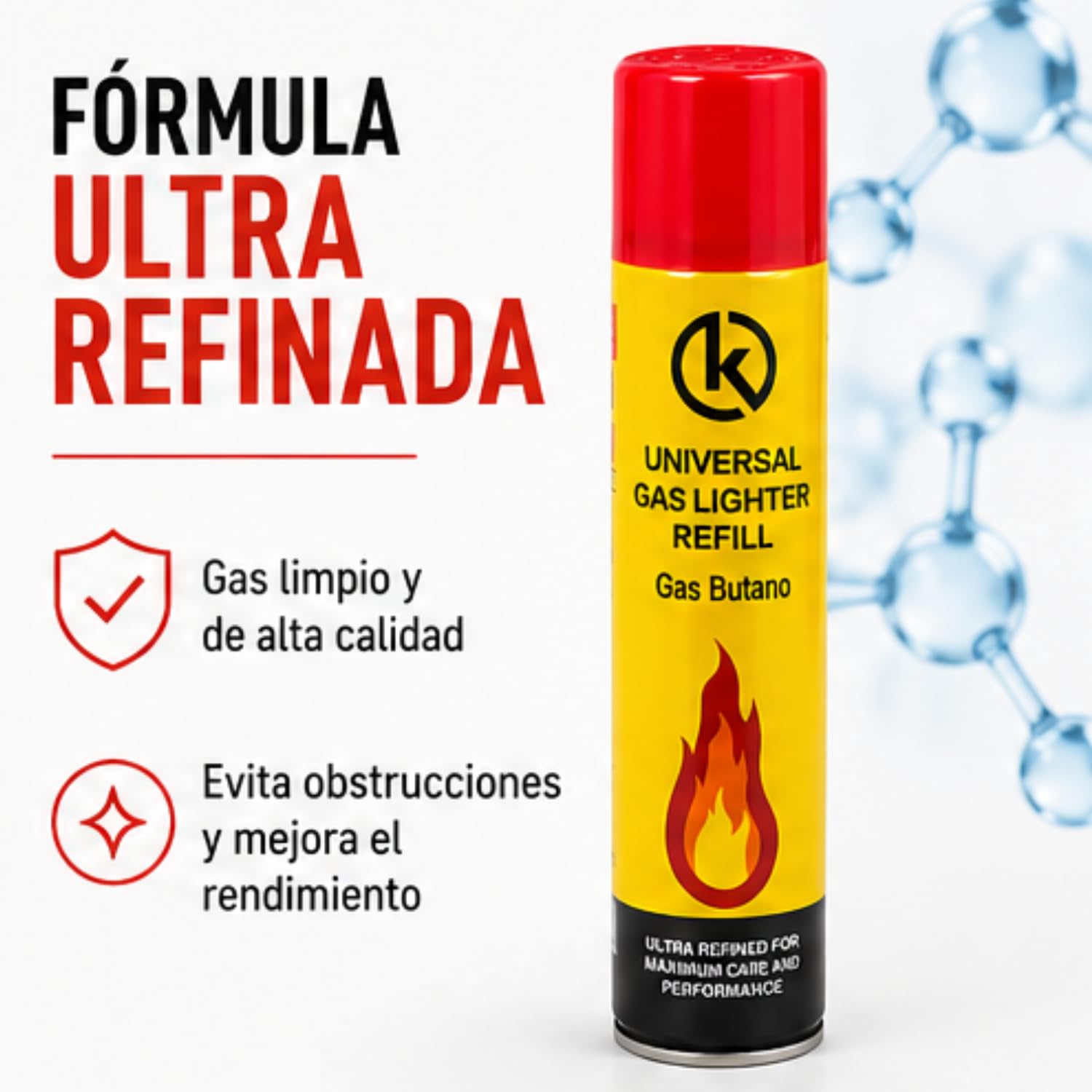 KROWN - Gas para Mecheros 300 ml con 5 Adaptadores para Recargar Encendedores y Mecheros (2 Unidades)