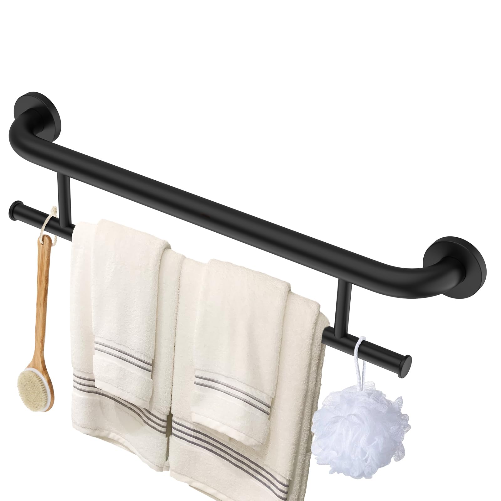 black towel grab bar 24 inch - 1.25” diameter, zepolu stainless steel safety bar w/towel holder for bathroom, shower assist balanced support handle, wall mounted towel rack for senior elderly handicap