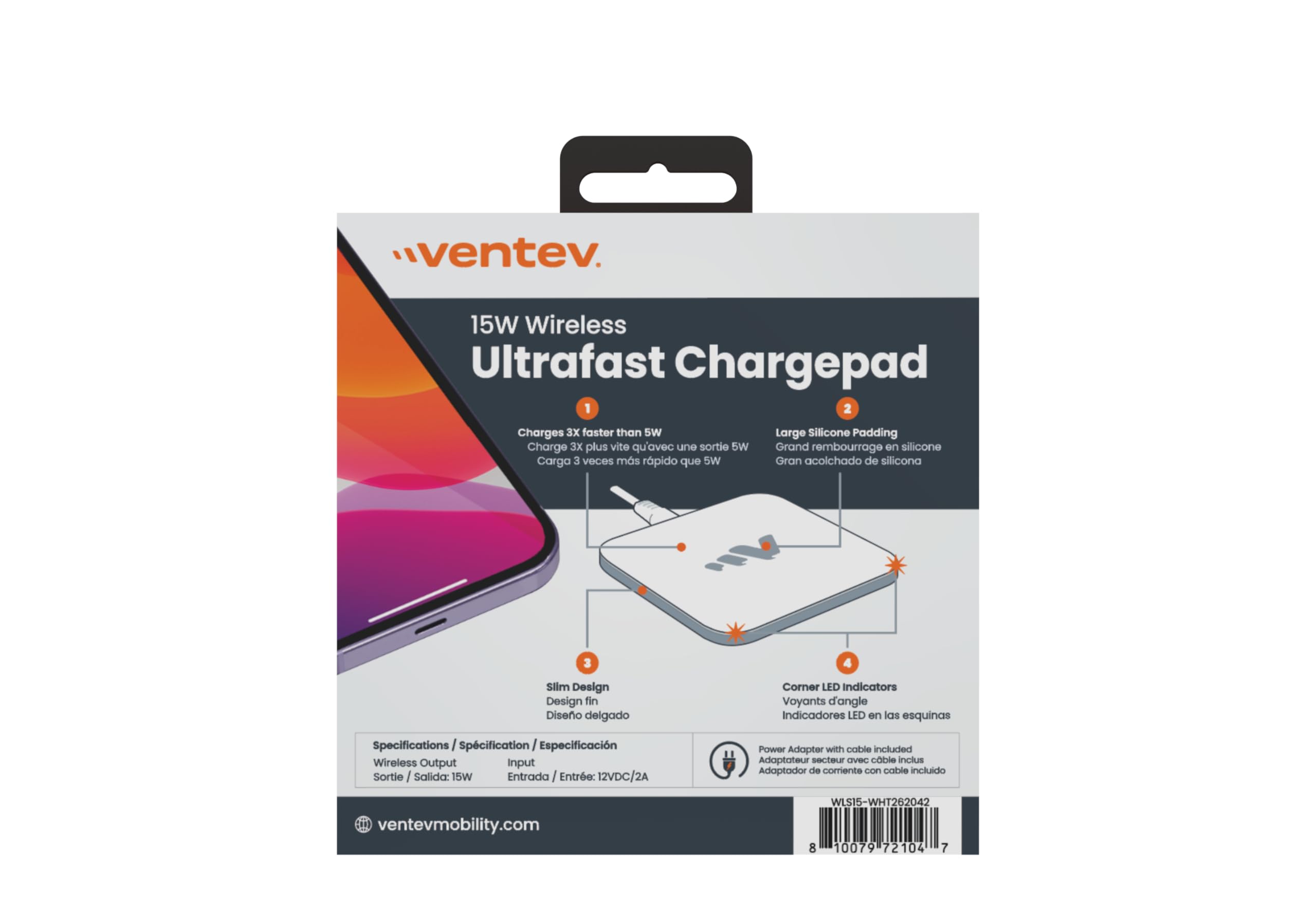 Ventev Almohadilla de carga inalámbrica Qi de 15 W para iPhone 16/16 Pro Max, iPhone 15/15 Pro Max/14/13/12, AirPods Pro, Samsung Galaxy S24 Ultra, Note 20 | Cargador inalámbrico para iPhone de carga