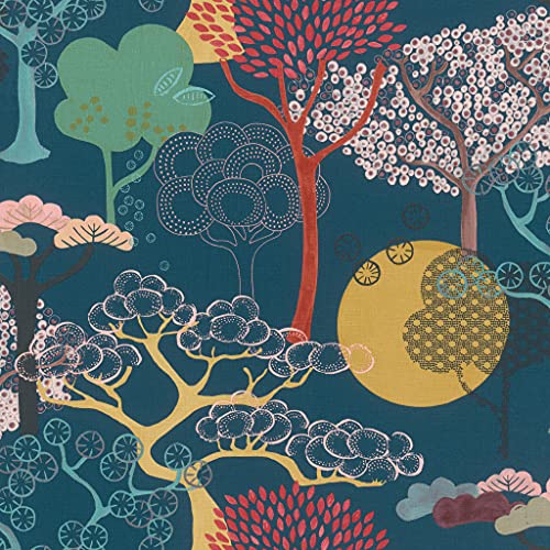 Image of Rasch Tapeten 539967 - Non-Woven Wallpaper with Trees in Red, Yellow and Green on Dark Blue Background and Light Structure - 10.05 m x 53 cm (L x W) Wallpaper, Blue