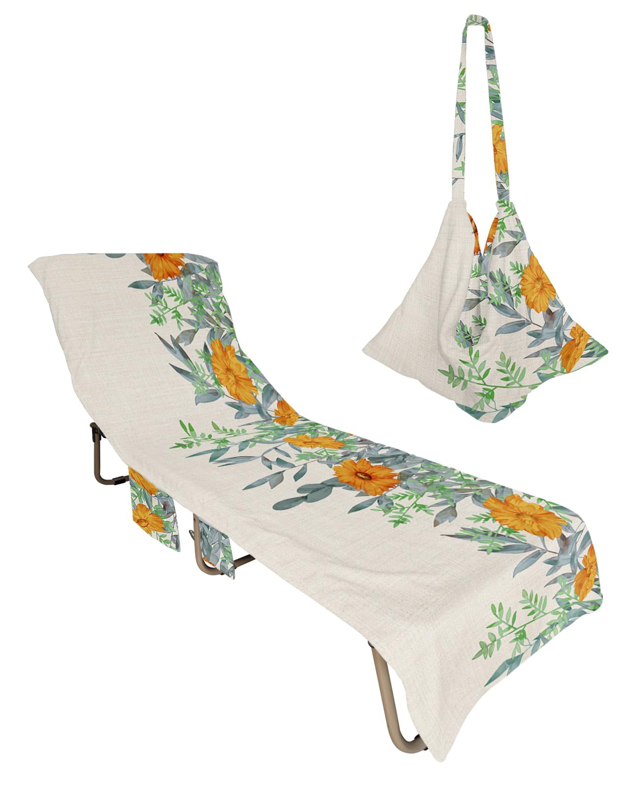 Orange Spring Floral Beach Lounge Chair Towel Cover, Soft Chaise Lounge Towel with Side Pockets Patio Pool Chairs Cover for Beach/Pool Sunbathing 29x85 Teal Green Summer Pastoral Botanical Rustic