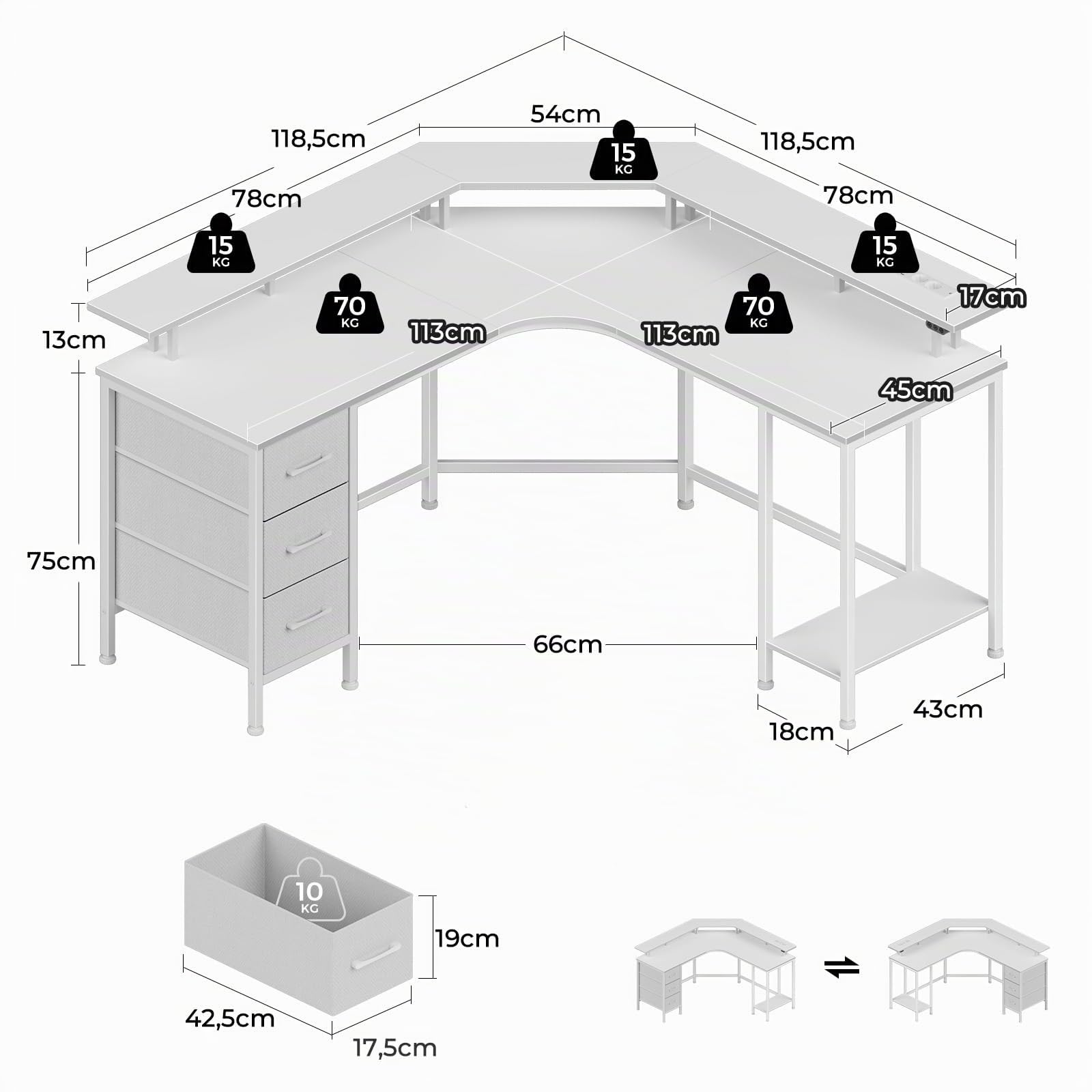 Seventable L-förmiger Gaming Schreibtisch mit LED-Beleuchtung & Steckdosen, Eckschreibtisch mit 3 Stoffschubladen & Ablage, Computertisch für Home Office & PC-Gaming,Weiß,119×119×88 cm