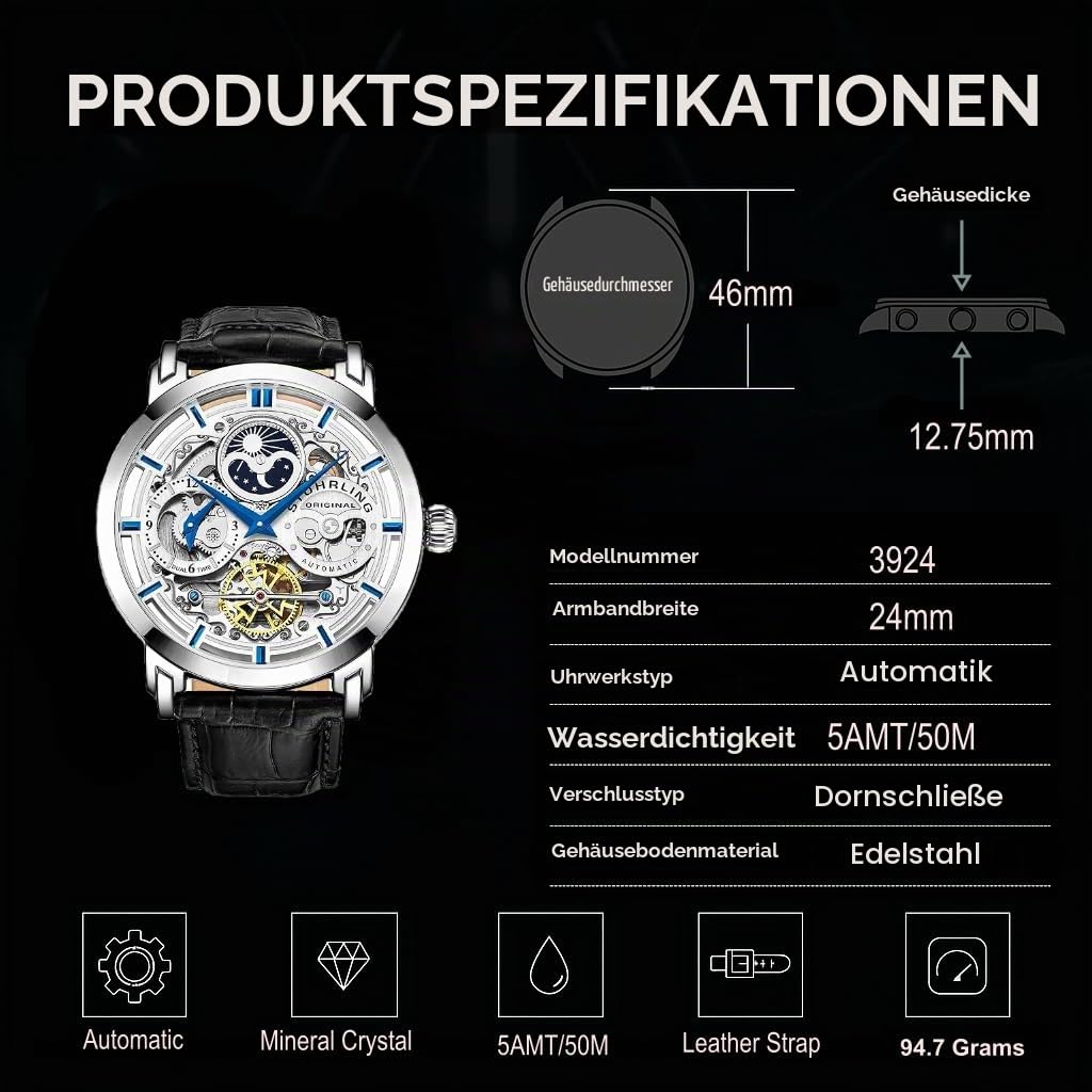 Stuhrling Original Herren Automatik-Selbstaufzug Luxuskleid Skeleton Dual Time Gold-Tone Armbanduhr 22 Jewels 47 mm Edelstahlgehäuse
