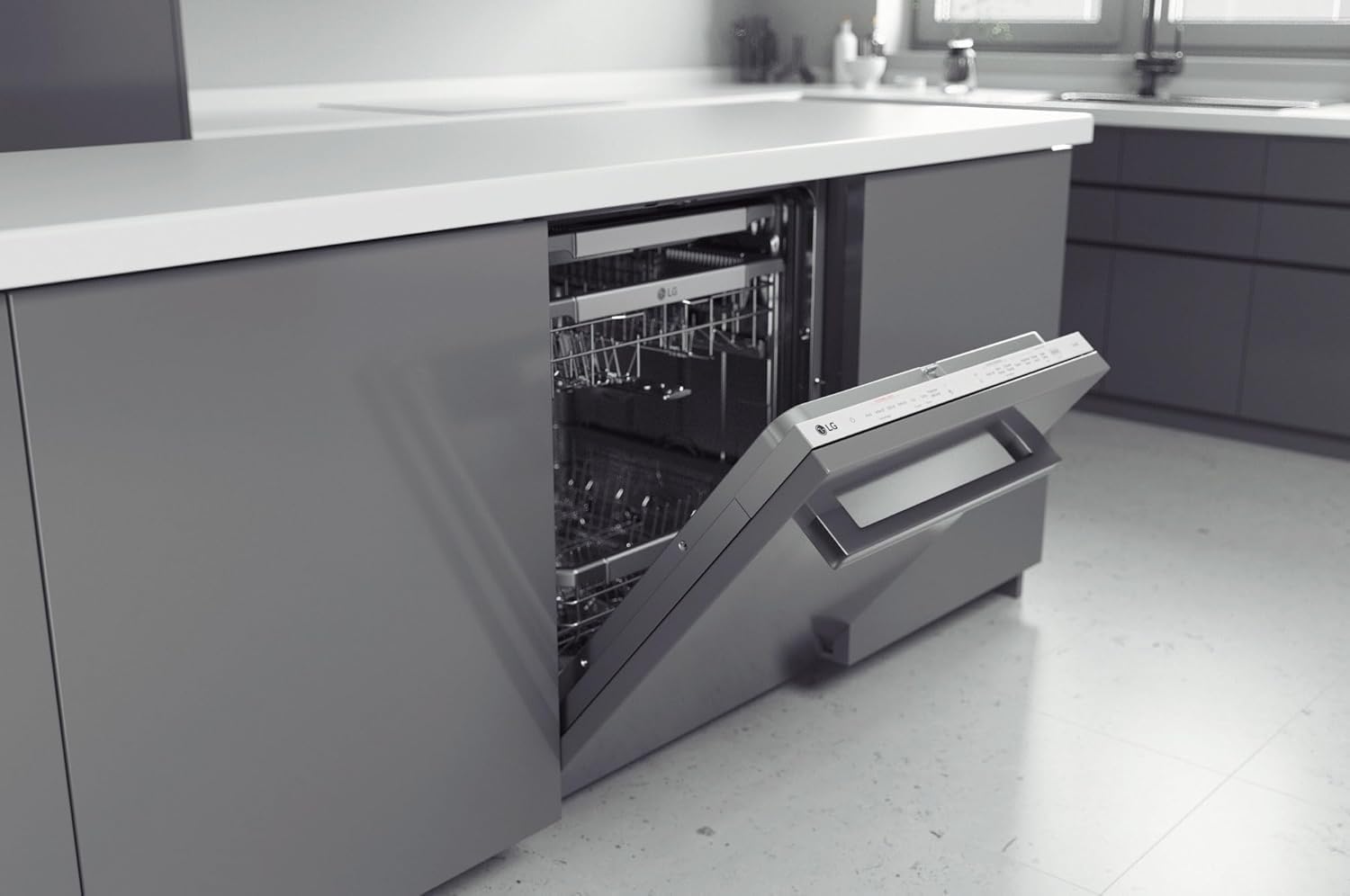 LG QuadWash DB365TXS Lavastoviglie da Incasso a Scomparsa Totale, Serie 3, Classe B, 14 coperti, 4 Bracci Irroratori, Vapore, Cerniere Sliding, Apertura Automatica, 3° Cestello, Wi-Fi, Acciaio