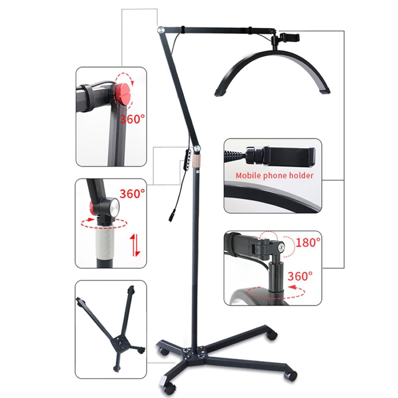 Lampa LED w kształcie półksiężyca Beauty Light, przedłużenie rzęs, podwójna temperatura barwowa, 4 koła, ramię aluminium