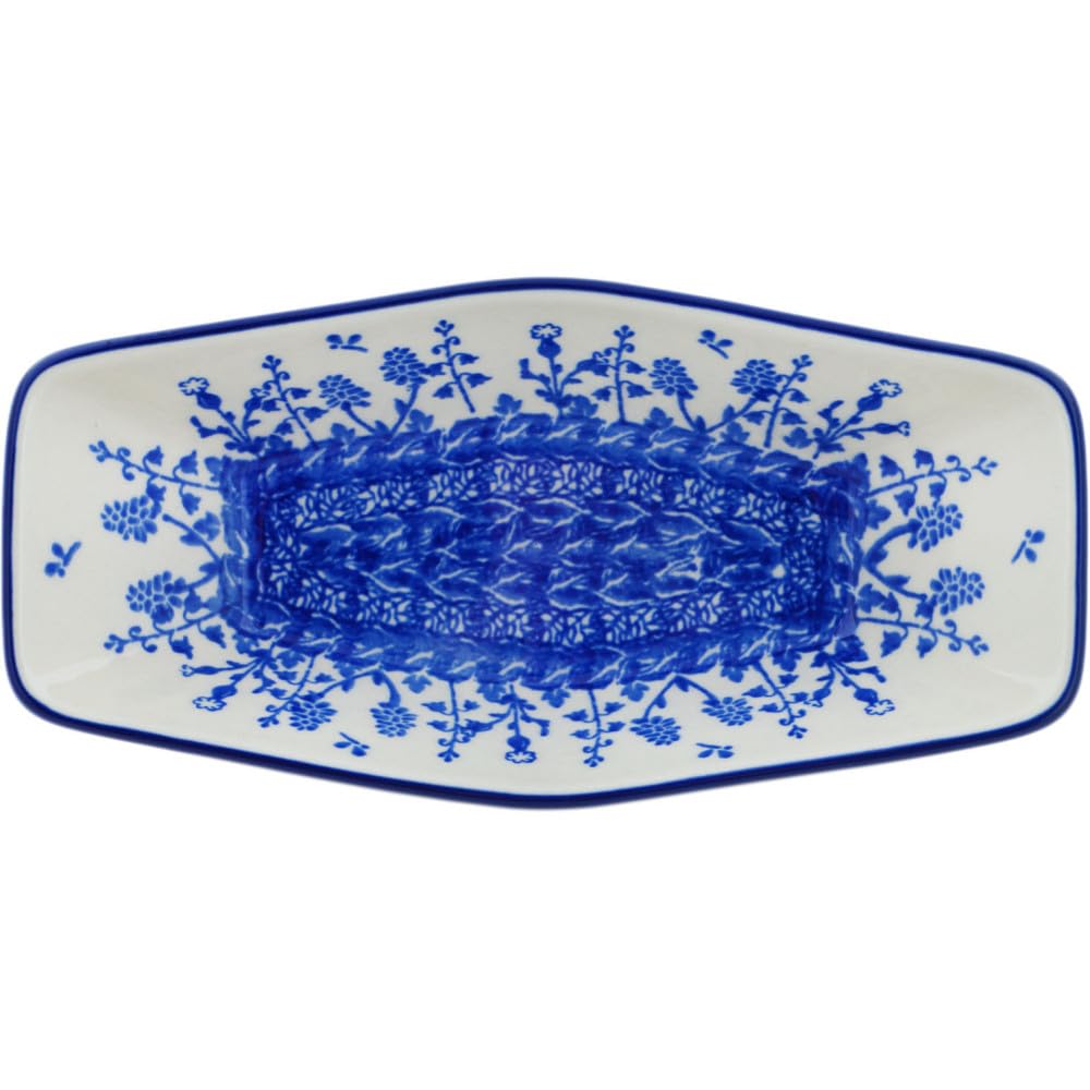 Authentic Polish Pottery Condiment Dish in Cobalt Garden Design Handmade in Boles?awiec Poland by Ceramika Artystyczna + Certificate of Authenticity