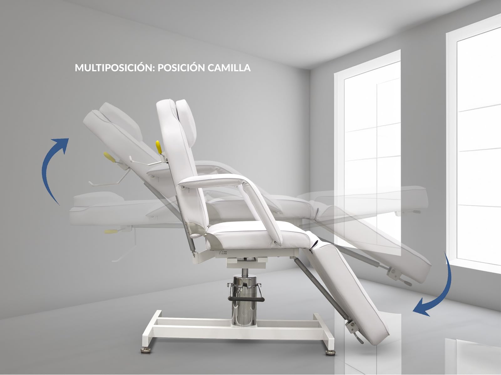 QUIRUMED Sillón hidráulico Pro, 3 cuerpos, Color Blanco, Estructura metálica, Giratorio 360º, Reposapiés Ajustable, Agujero Facial, Reposabrazos extraíbles, hasta 200 kg