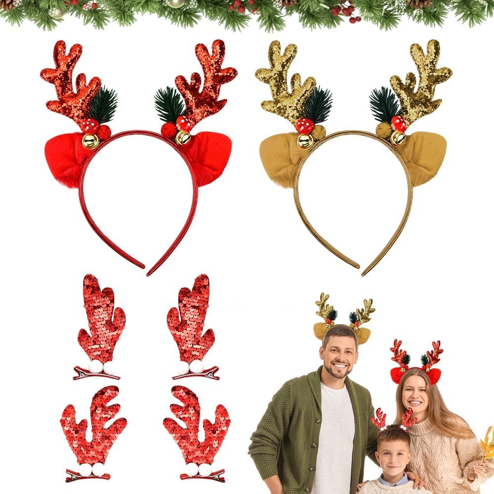 2 Cerchietti Natalizi Con Renna E Decorazioni - Copricapo Con Fiori E Perline Per Donne E Ragazze - Accessori Per Feste A Tema
