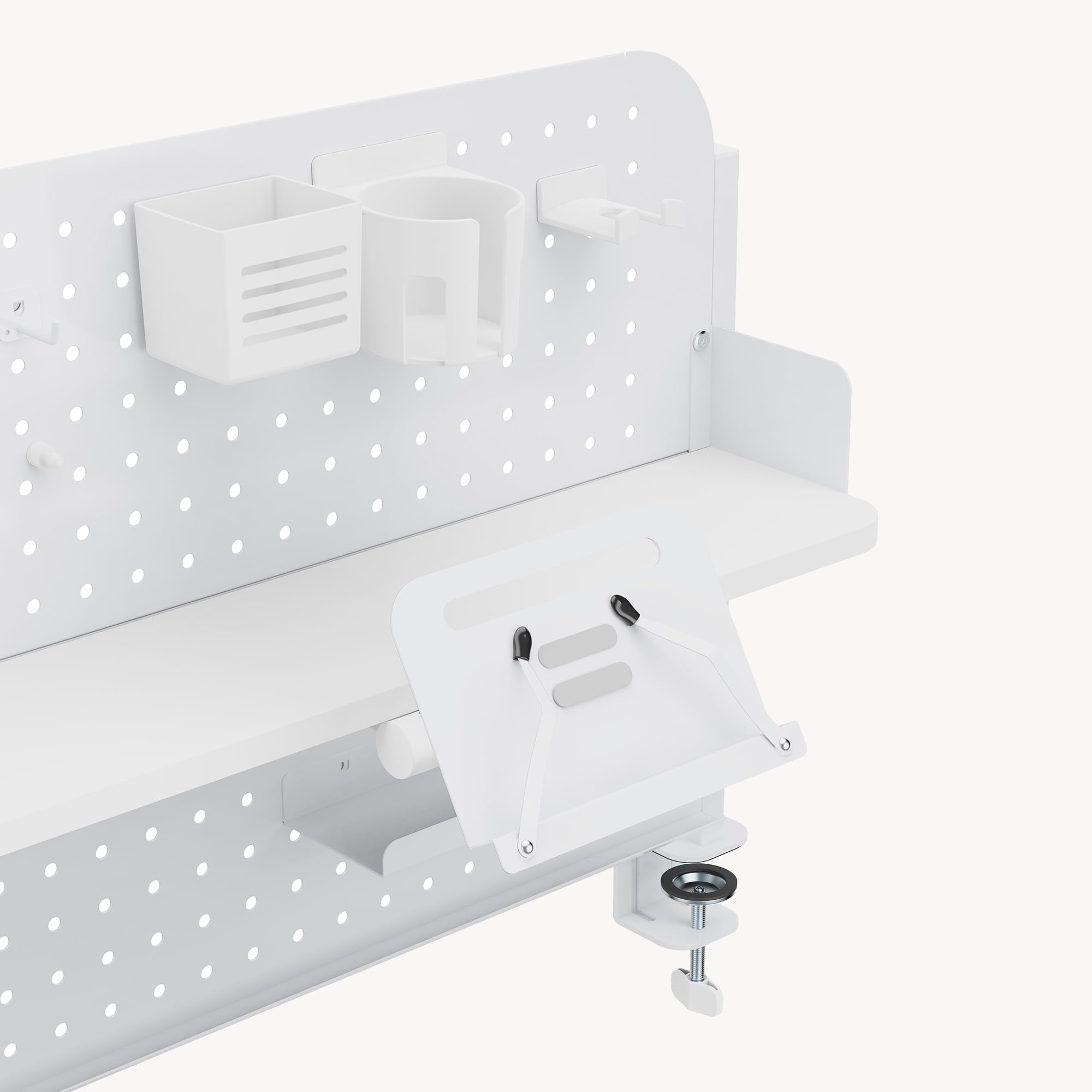 [en.casa] Organizzatore da Scrivania con Morsetti Pannello Forato Organizer Pegboard per Cameretta Studio 3 Ripiani Supporto Tablet Cuffie Porta Bicchieri Penne Lavagna Ganci 114x68 cm - Bianco