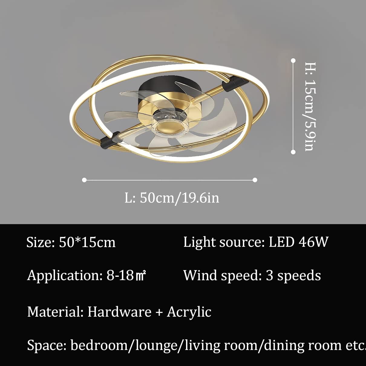 YUEGOO Ceiling Fans with Lamps,50Cm Ceiling Fan with Light and Remote Control Rotatable Mute 3 Speeds Fan Lights Bedroom Led Dimmable Fan Ceiling Light with Timer Modern Living Room