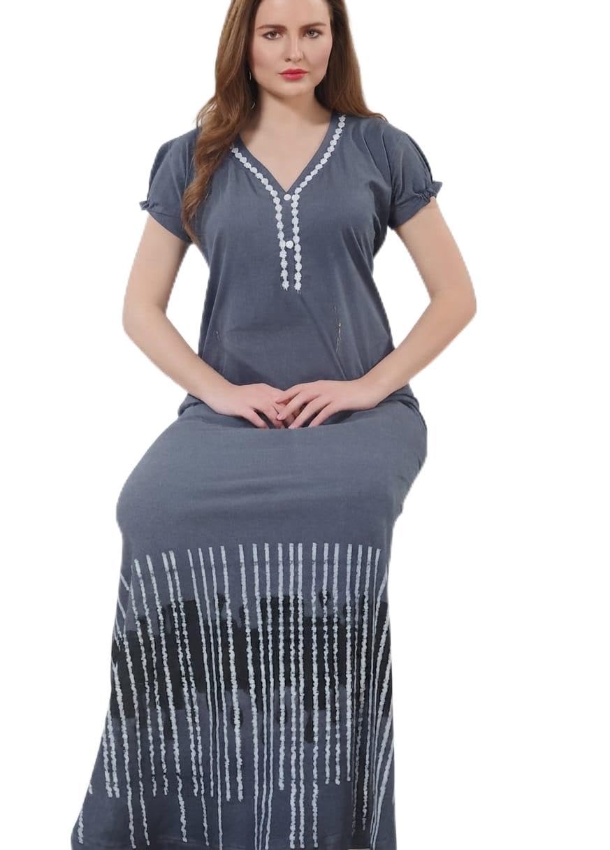 Women's Grey Maxi Nighty with V-Neck and Printed Hem-picture-47