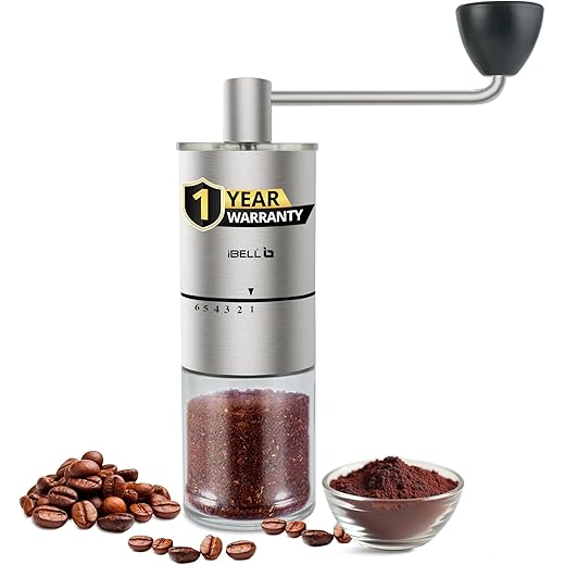 IBELL GRINDX6 Manual Coffee Grinder, Stainless Steel, 6 Adjustable Settings, Espresso, Drip Coffee, Whole Beans, Glass Jar, Ceramic Conical Burrs, Detachable Handle, (Silver)