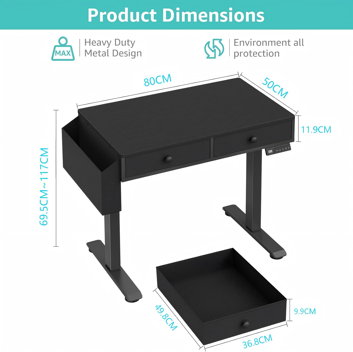 Lufeiya Höhenverstellbarer Schreibtisch Mit 2 Schublade Kleiner Schreibtisch Schwarz Computertisch mit Stauraum Ergonomischer Arbeitstisch für Büro HomeOffice Gaming 80X50CM