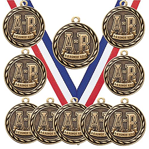 Express Medals A-B Honor Roll Gold Medals Trophy Award with Neck Ribbons MA - (Pack of 10)
