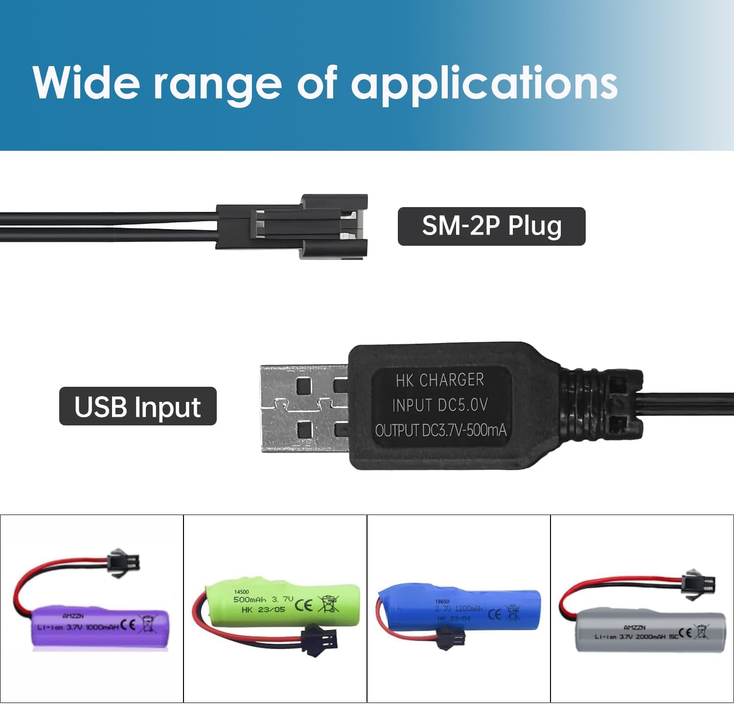 3.7V USB Charger Cable with SM-2P Connector for RC Cars Boat Trucks 1S Li-ion and Li-Po Battery(2 Pack)