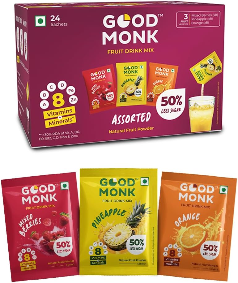 Fruit Drink Mix (Assorted - Natural Orange, Mixed Berries, Pineapple Powder), 50% Less Sugar with 8 Vitamins & Minerals. Tasty & Healthy Mix for Hydration, Energy, Immunity. 8x3 = 24 sachets