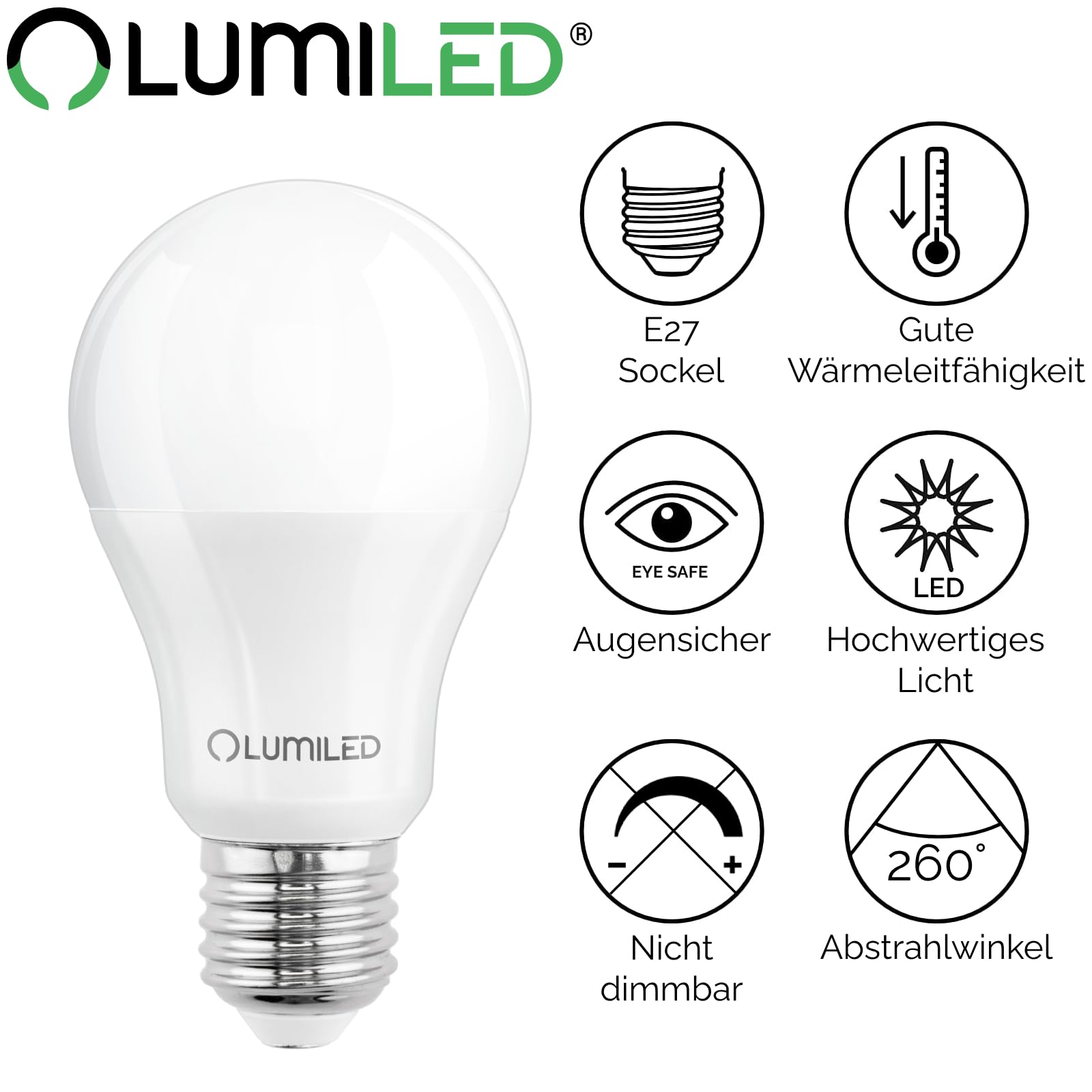 Lampa LED LUMILED A60 E27, 13W (zastępuje 135W), żarówka 1521 lumens, 3000K ciepła biel, nieściemnialna, kąt świecenia 260°, szt. 6