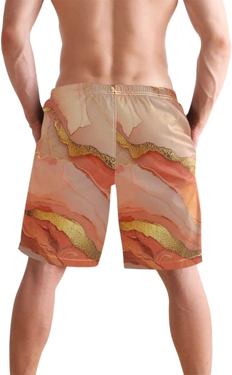 Marble Terracotta Blush_1 Board Shorts Men's Elastic Beach Shorts for Vacation 8”/ 9” Long Drifting image 3