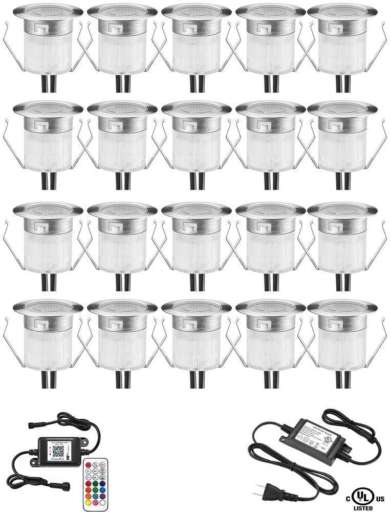 LED Deck Lights Kit, 20pcs Φ1.18 WiFi Wireless Smart Phone Control Low Voltage Recessed RGB Deck Lamp In-ground Lighting Waterproof Outdoor Yard Path Stair Landscape Decor, Fit for Alexa,Google Home